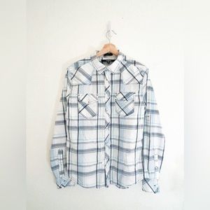 Carbon Slim Fit Button Up Blue Green White Plaid Casual Shirt Men's Size Medium